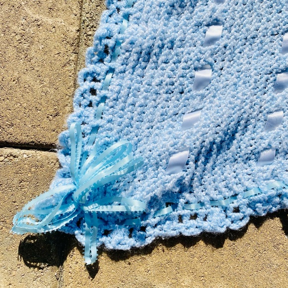 Handmade Crochet Baby Blanket Afghan (Blue and White) with Ribbon